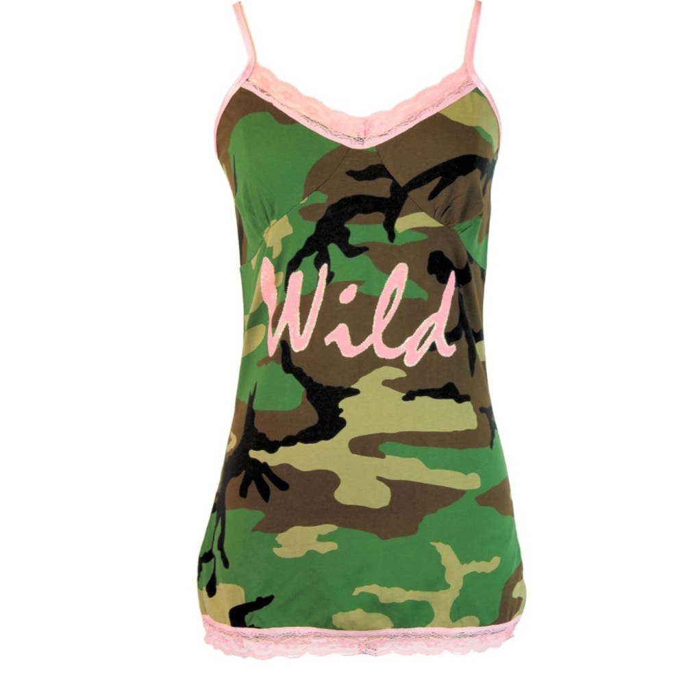 Modcloth Camo Wild Graphic Lace Trim Strappy Camisole Sleepwear Retro Tank XL - Picture 7 of 7